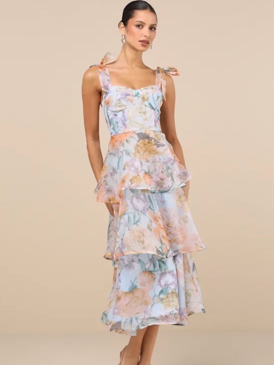 Lulus Dresses & Skirts - Lulus Playfully Posh Blue Floral Organza Tie-Strap Tiered Midi Dress